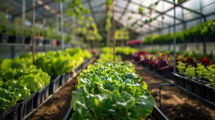 Greenhouse interior with rows of fresh vegetables under natural light. Agricultural photography.