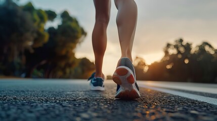 Morning Jog on an Empty Road at Sunrise. Fitness Lifestyle, Running Training Session. Casual Sportswear, Healthy Activity. Close-Up of Jogger's Legs. AI