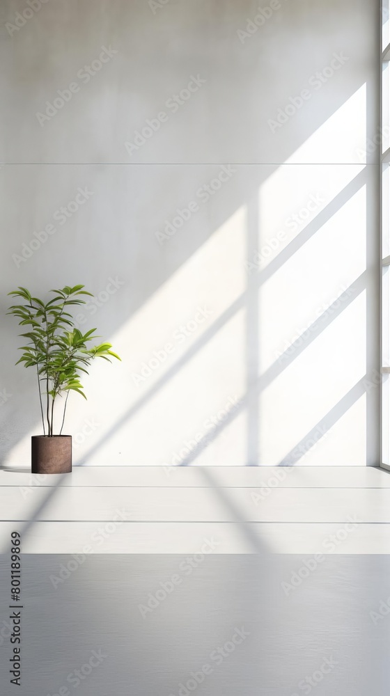 Poster a plant in a pot on a ledge in front of a wall with a large window to the right