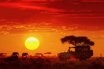 Safari Sunset, Silhouette of a Jeep and Acacia Trees Under a Vibrant African Sky