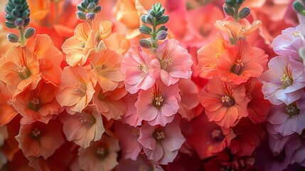 A close up of a bunch of snapdragon flowers in various shades of pink, orange, and yellow.