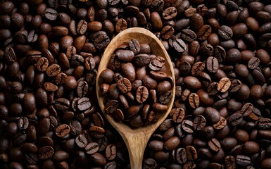 Fototapeta premium A wooden spoon filled to the brim with aromatic coffee beans. Generative AI