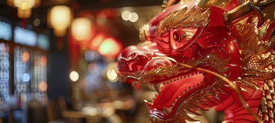 red and gold dragon head in a Chinese restaurant 