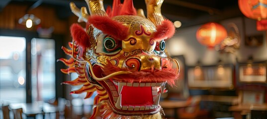 red and gold dragon head in Chinese cafe