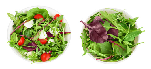 Mix salad - arugula, spinach, chard, cherry tomatoes and mozzarella in the bowl isolated on white background. Top view. Flat lay
