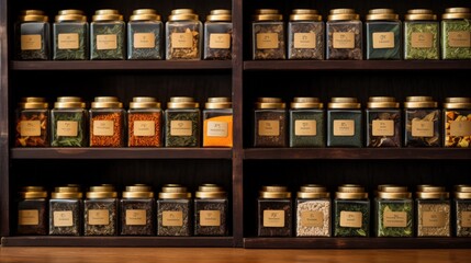 Authentic tea varieties on a wooden shelf