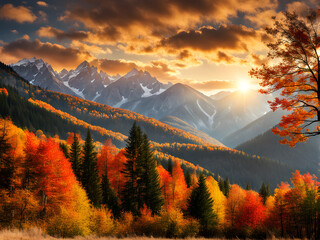 Autumn scenery in the mountains, yellow leaves, dense trees, blue sky and white clouds