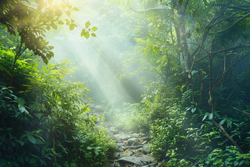 Fototapeta premium Mystical Morning in the Rainforest, Sun Rays Piercing Through Dense Green Foliage