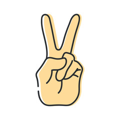 Human hand making peace sign. Line icon isolated blue background. Peace gesture. Vector illustration