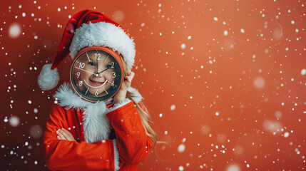 Little girl in Santa costume and with clock on color background