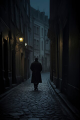 a solitary figure walking through a foggy, cobblestone street, flanked by old buildings, exuding mystery