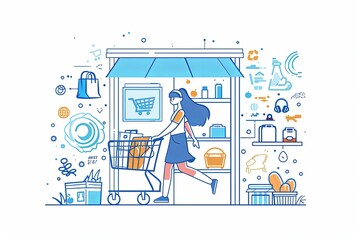 A woman is pushing her shopping cart, style of flat illustration