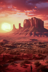 Sunset over a desert with towering rock formations, illuminating an abandoned settlement below, casting long shadows and warm hues