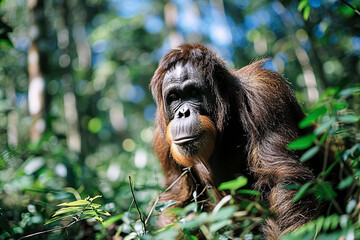 Obraz premium orangutan in a natural setting, surrounded by greenery, highlighting the importance of wildlife and environmental conservation