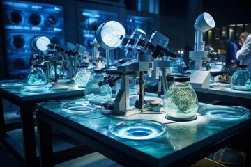 A laboratory full of microscopes and other scientific equipment