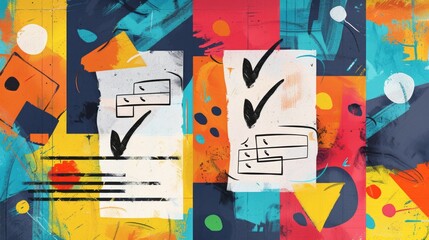 A creative abstract illustration depicting a to-do list concept, featuring stylized text and check marks, with a blend of vibrant colors and shapes, symbolizing organization and productivity