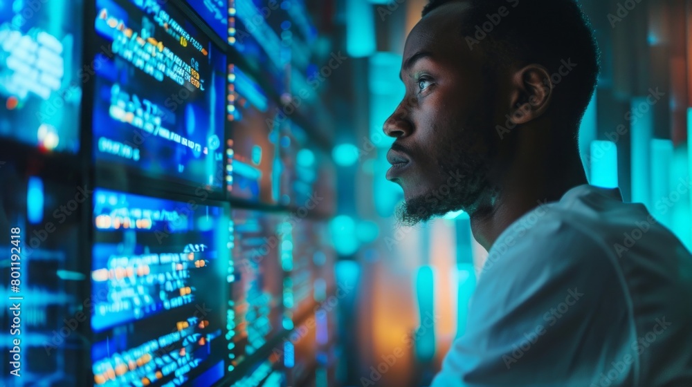 Poster Handsome confident black man, programmer, IT specialist dealing with software, coding, cybersecurity surrounded by large digital computer screens in the System Management Center