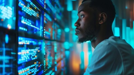 Handsome confident black man, programmer, IT specialist dealing with software, coding, cybersecurity surrounded by large digital computer screens in the System Management Center