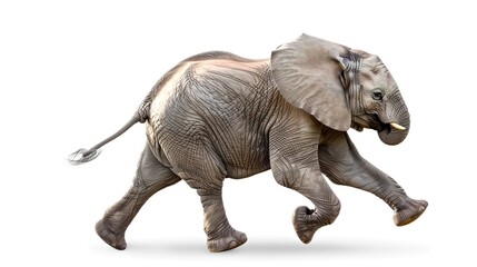 Fototapeta premium Graceful Elephant in Mid-Stride Isolated on White Background. Dynamic Wildlife Photography Capturing Movement and Detail. Ideal for Educational Material and Creative Projects. AI