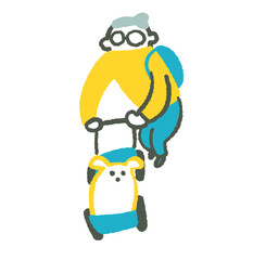 ペットをベビーカーに乗せて歩いているシニアの女性　イラスト素材
