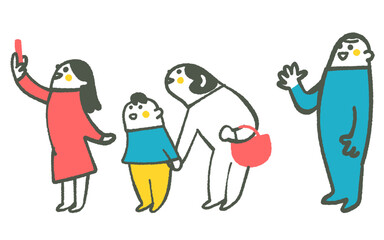 楽しそうに何かを見物している人々　セット　イラスト素材
