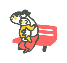 ベンチで赤ちゃんを抱っこして何かを興味ありげに眺めている親子　イラスト素材
