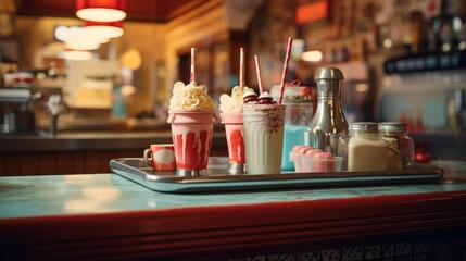 A tray of milkshakes sits on the counter of a retro diner