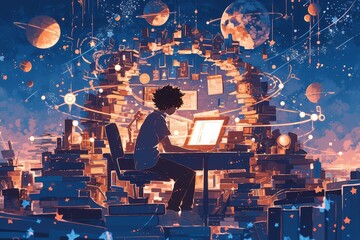 A boy sitting at a desk, surrounded by floating books and stars in the style of anime