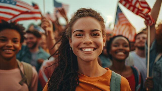 Young multi-ethnic woman smiling, holding American flags at outdoor event.