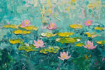 painting of water lilies over a green field with yellow leaves, background
