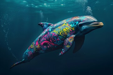 Dolphin swimming underwater, Body covered with colorful graffiti, ocean day