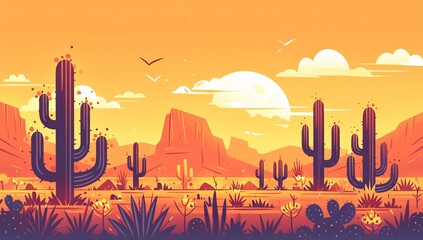 A cartoon desert landscape with cacti and mountains in the background