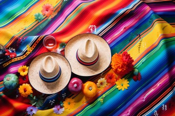 A colorful Mexican blanket with two straw hats, flowers, and fruit