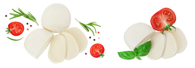 Mozzarella cheese sliced with basil leaf isolated on white background. Top view. Flat lay - obrazy, fototapety, plakaty
