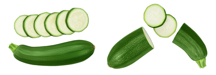 Fresh whole zucchini isolated on white background with  full depth of field, Top view. Flat lay - obrazy, fototapety, plakaty