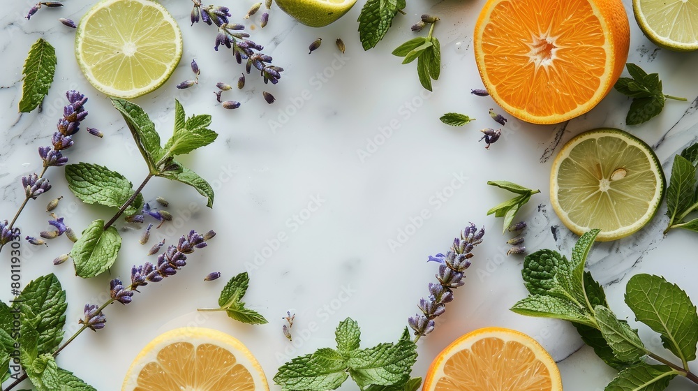 Poster top view product of lavender, peppermint, citrus, tea tree and bergamot leaves surrounding a circula