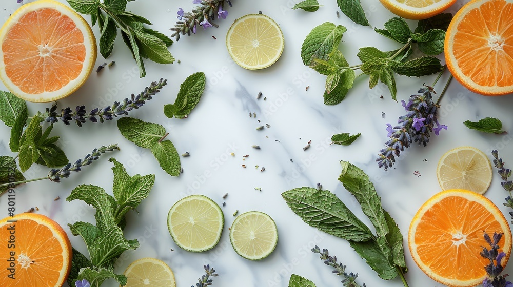 Poster top view product of lavender, peppermint, citrus, tea tree and bergamot leaves surrounding a circula