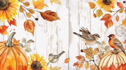 fall themed pumpkins, sunflowers and birds, watercolor painting on white background 