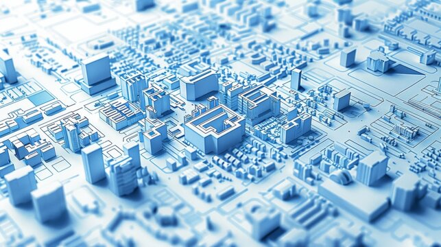 A detailed, technical blueprint showcasing urban planning and city zoning. A layout of a city, including residential, commercial, industrial zones and transportation routes and green spaces