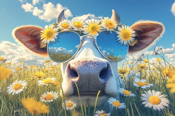 a cow wearing sunglasses in the grass with daisies, blue sky and white clouds - obrazy, fototapety, plakaty
