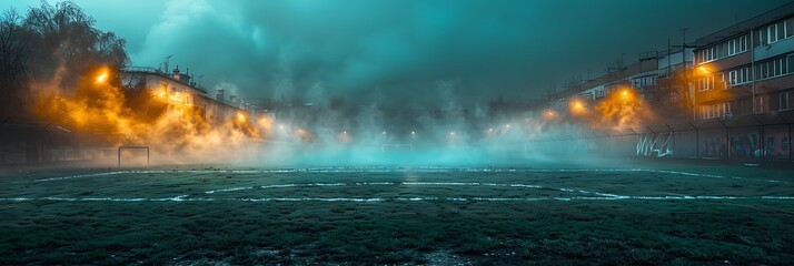 Textured soccer game field with a dynamic foggy atmosphere  - obrazy, fototapety, plakaty