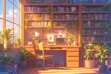A cozy study room with bookshelves, desk and chair, a window on the left side overlooking outside, sunset light coming through, some plants in pots  - obrazy, fototapety, plakaty