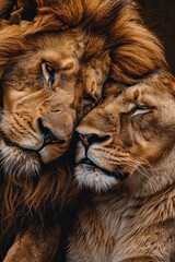 lion and a lioness cuddling, valentine