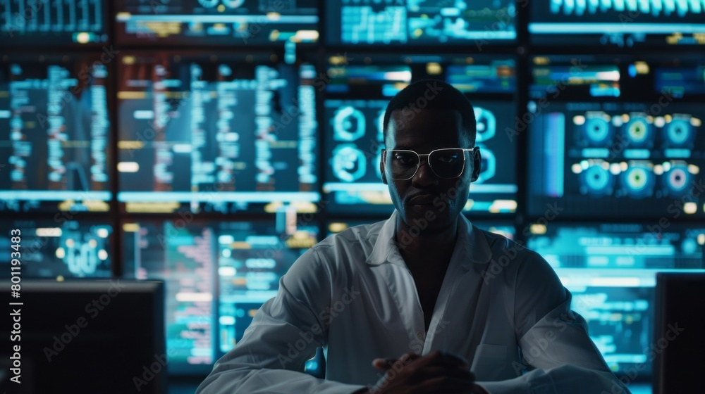 Poster Handsome confident black man, programmer, IT specialist dealing with software, coding, cybersecurity surrounded by large digital computer screens in the System Management Center