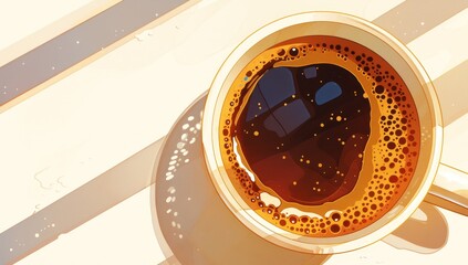 A cup of coffee is placed on the table, with sunlight shining through the window and casting shadows onto it. The illustration style should be flat vector, with a light brown background - obrazy, fototapety, plakaty