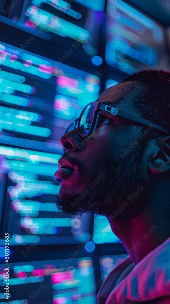 Aufkleber Handsome confident black man, programmer, IT specialist, reading html script, dealing with software, coding, cybersecurity surrounded by large digital computer screens in the System Management Center