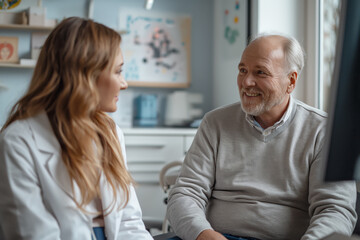Obraz premium Neurologist consults patient in examination room, discussing medical history.