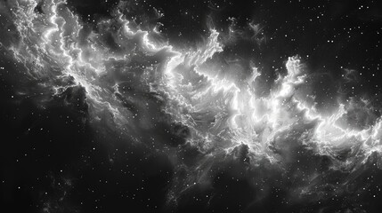 A grayscale image of a nebula in space.