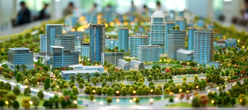 Team of real estate professionals working on scale model for new business buildings project