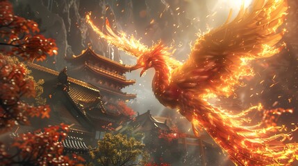 Powerful Phoenix of Japanese Legend Rises Amidst Ancient Pagodas Its Fiery Wings Outstretched in Majestic Splendor - obrazy, fototapety, plakaty